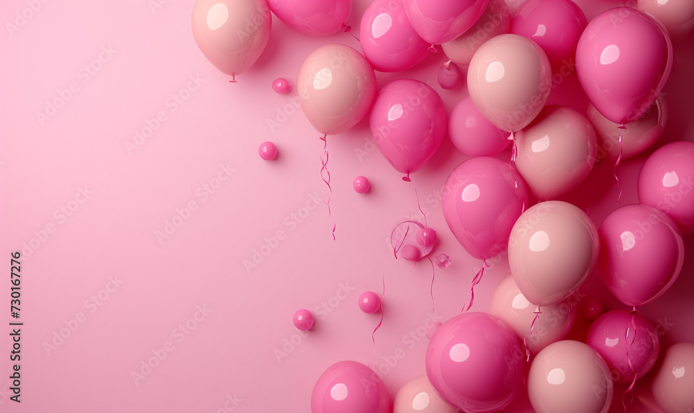 Festive banner with pink helium balloons. Frame composition with space for your text.