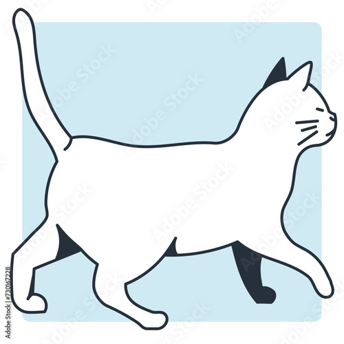 Line illustration of a cat walking with blue tone and shadow
