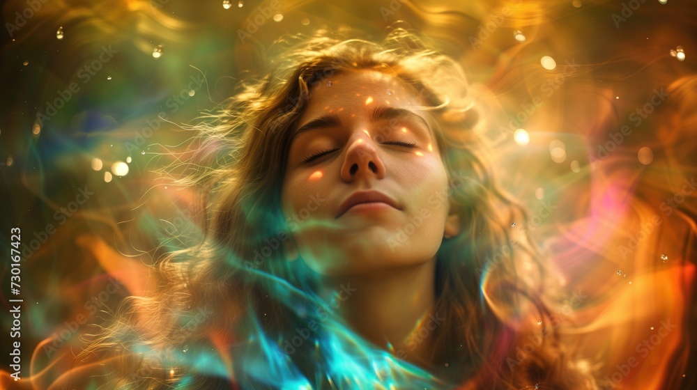 A girl or young woman with beautiful flawless glowing skin having starry astral experience in cosmic space environment with water drops A girl or young woman with beautiful flawless glowing skin having starry astral experience in cosmic space environment with water drops