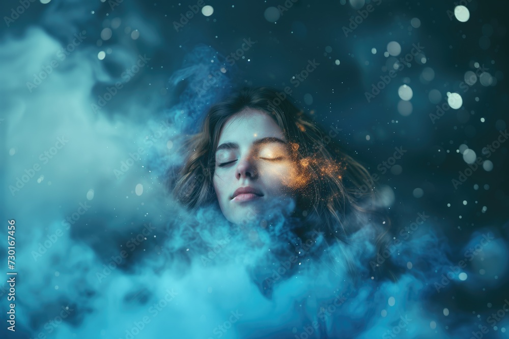 A girl or young woman with beautiful flawless glowing skin having astral experience with smoke around A girl or young woman with beautiful flawless glowing skin having astral experience with smoke around
