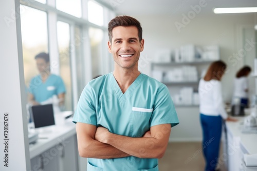 Happy man medical assistant in clinic. Nurse in uniform doctor at hospital