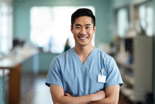 Happy asian man medical assistant in clinic. Nurse in uniform doctor at hospital