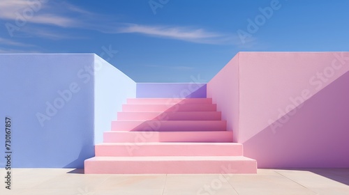 Pastel-hued abstract stairs under a bright sky, casting soft shadows © PRI