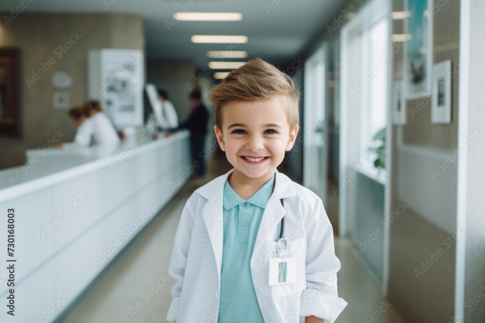 Happy child boy medical assistant in clinic. Nurse in uniform doctor at hospital Happy child boy medical assistant in clinic. Nurse in uniform doctor at hospital