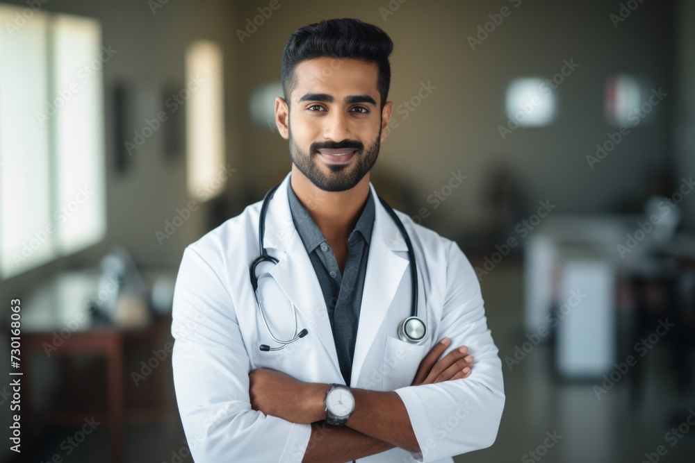 Happy indian man medical assistant in clinic. Nurse in uniform doctor at hospital Happy indian man medical assistant in clinic. Nurse in uniform doctor at hospital