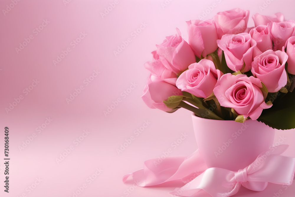bouquet of roses with a bow in a pot on a pink background, side view, copy space