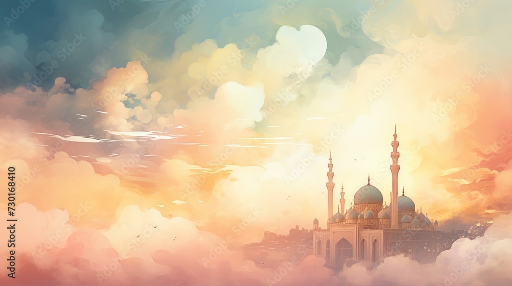 Watercolor and digital hybrid of a paper art mosque with wispy clouds, in the gentle light of early evening - obrazy, fototapety, plakaty 