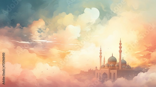 Watercolor and digital hybrid of a paper art mosque with wispy clouds, in the gentle light of early evening photo