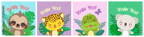 Cute animal characters thank you card set. Fun tropical animals cartoon kawaii design. Jungle safari animals waving and smiling. For birthday invitation, greeting card, label. Children vector.