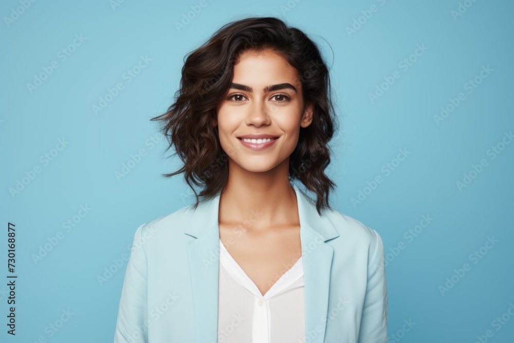 Portrait of happy smiling young business woman, over blue background. Portrait of happy smiling young business woman, over blue background.