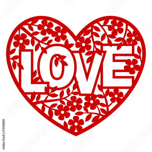 Vector silhouette hand drawn illustration. Floral invitation card in a lace style for Wedding or Valentine's day. Template for laser cutting