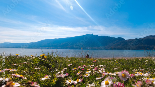 Photo of the Lac du Bourget and the Dent du Chat, in Aix-Les-Bains in Savoie, France photo