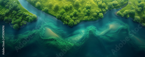 World in the ocean, Abstract background, Amazing blooming algae on green river, aerial view, Ai generated image © FH Multimedia