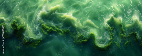 Abstract background, Amazing blooming algae on green river, aerial view, Ai generated image