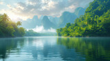 lake and mountains, Beautiful natural scenery of river in southeast Asia tropical green forest with mountains in background, Ai generated image 