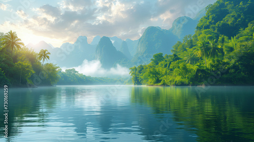 lake and mountains, Beautiful natural scenery of river in southeast Asia tropical green forest with mountains in background, Ai generated image 