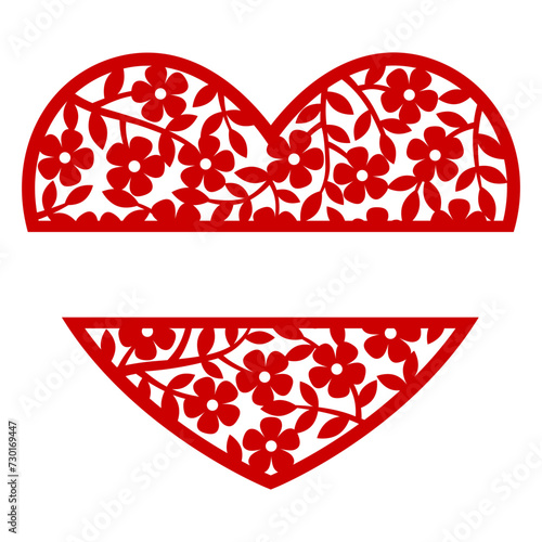 Vector silhouette hand drawn illustration. Floral invitation card in a lace style for Wedding or Valentine's day. Template for laser cutting