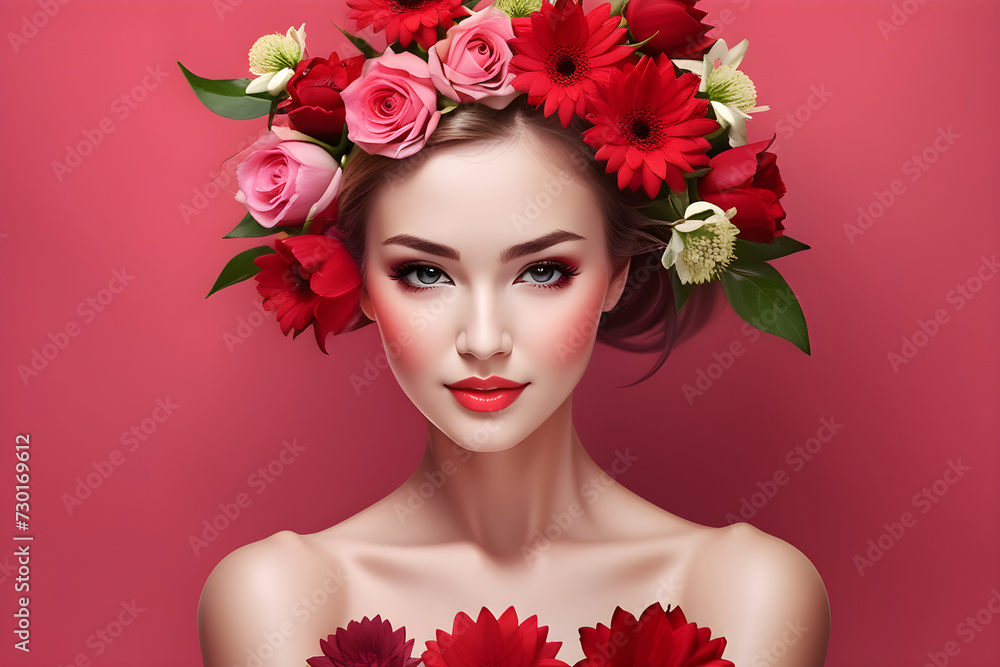 young attractive woman in a flower wreath on a red background, makeup, flowers, women's health, bare shoulders