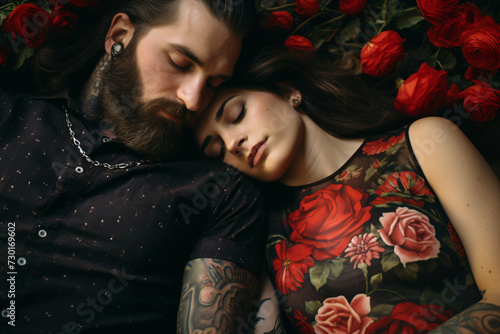 
Female tattoo, in the style of dreamy compositions, red, dark brown and red, beautiful, candid moments, folklore portraits.