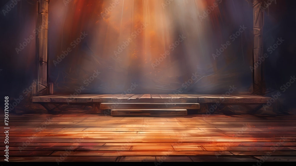 spotlight on a wooden stage with ambient mist - obrazy, fototapety, plakaty 