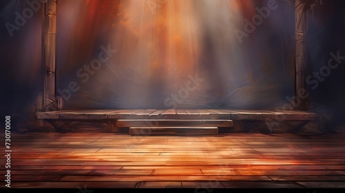 spotlight on a wooden stage with ambient mist photo