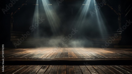 Dramatic wooden stage lit by a single beam of light piercing through fog