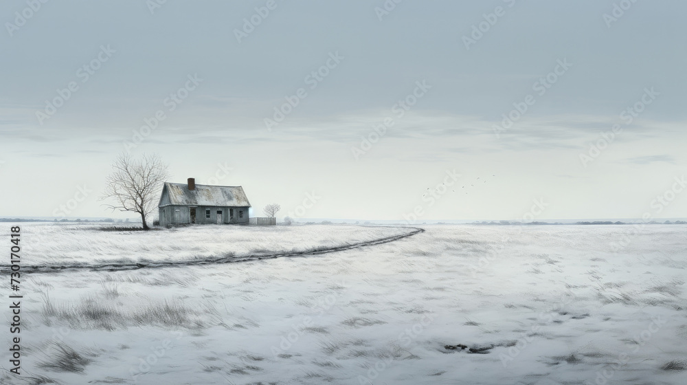 An abandoned wooden house in the middle of a snowy field. An abandoned wooden house in the middle of a snowy field.