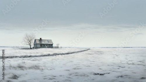An abandoned wooden house in the middle of a snowy field.