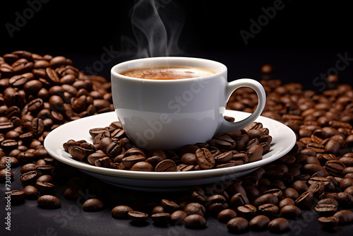 Cup of coffee with brown coffee beans 