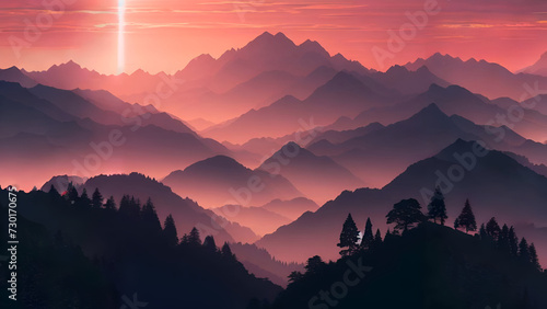 Silhouette of mountains sunset on topview © Yuttana