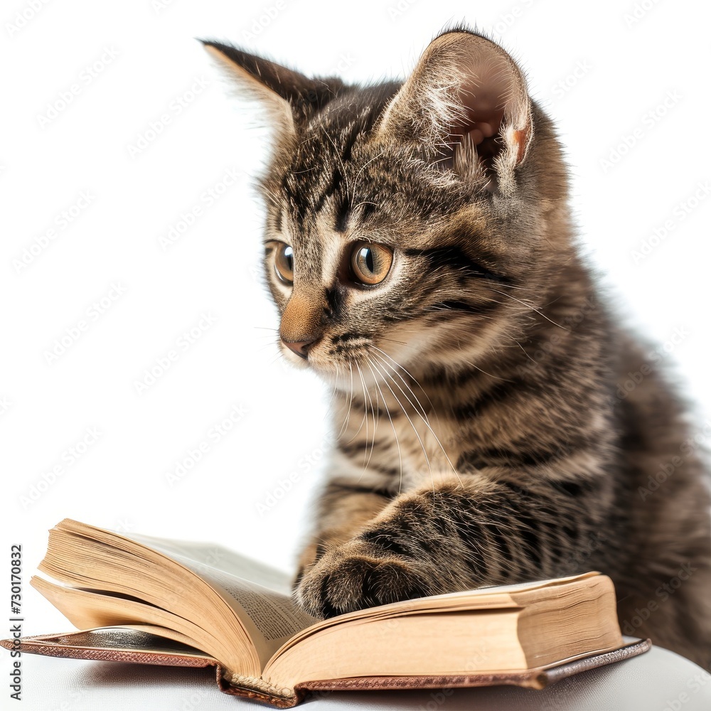 Cute Tabby Cat Reading on White Background. Cute Tabby Cat Reading on White Background.