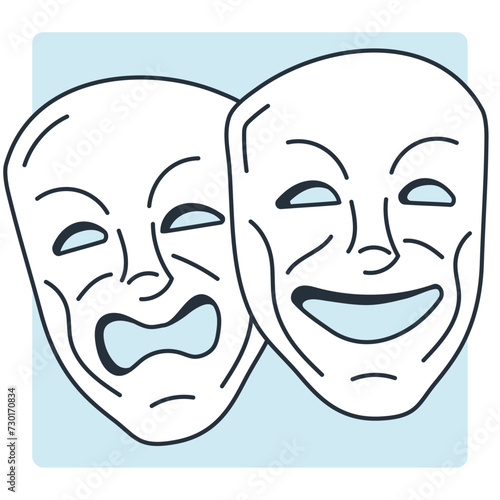 Line illustration of drama masks with blue tone and shadow