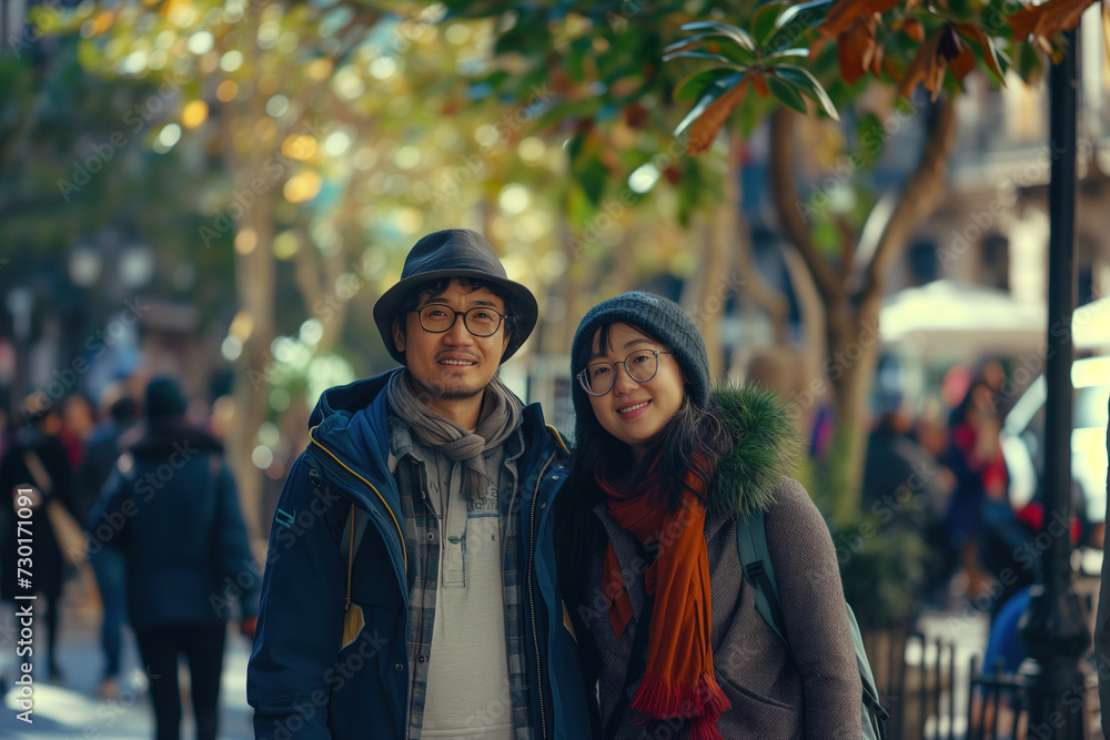 Young beautiful asian couple in Barcelona
