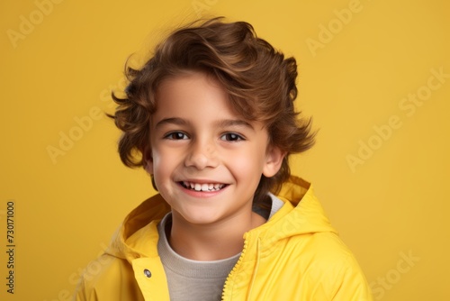 Portrait of a smiling little boy in a yellow jacket on a yellow background © Iigo
