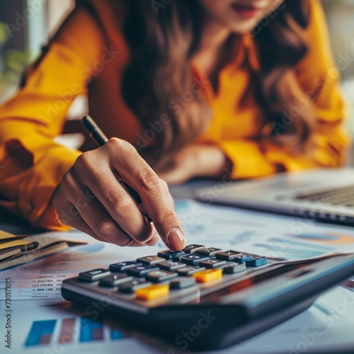Calculating Finances: Businesswoman Utilizing Calculator at Desk.