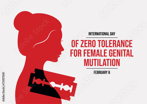 International Day of Zero Tolerance for Female Genital Mutilation poster vector illustration. Woman profile with razor blade silhouette icon vector. Stop FGM violence against women. February 6