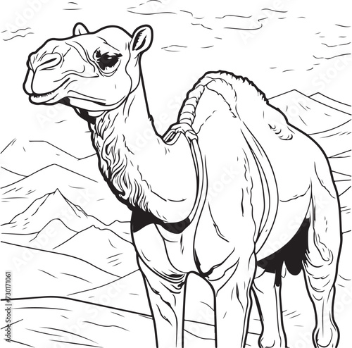 Camel with bedouin outline illustration. Coloring page