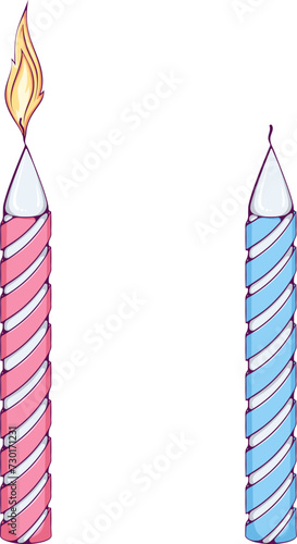 Burning and unburning spiral twisted and striped candles on a cake. Close up simple design element. Vector color illustrations in cartoon hand drawn style isolated on white