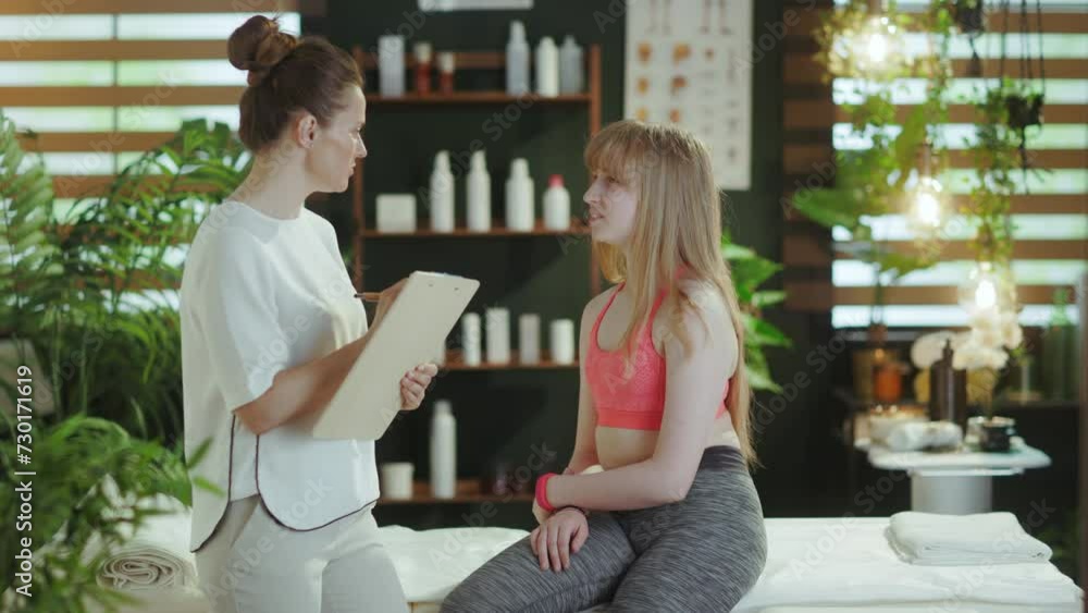 Healthcare time. smiling female medical massage therapist in massage cabinet with clipboard and teenage client conducting examination.