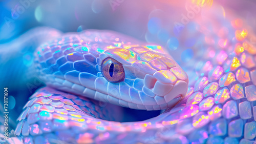 Opal rainbow snake closeup, Color sparkle snake on branch. Magic snake on a glitter background.