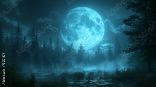 Spooky halloween night, Full moon over dark spooky forest at night, Ai generated image