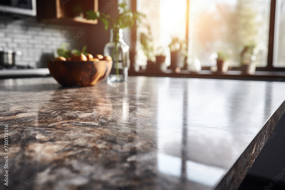 Empty marble stone table on blurred kitchen 