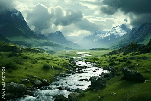 Landscape of High Hills Mountains  Majestic Peaks  Green Valleys  and Flowing Rivers. Generative AI.