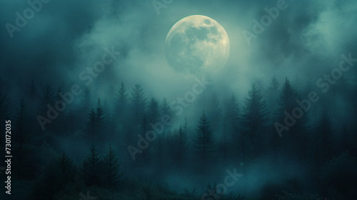 Misty morning in the forest, Night misty night, Spooky halloween night, Full moon over dark spooky forest at night, Ai generated image