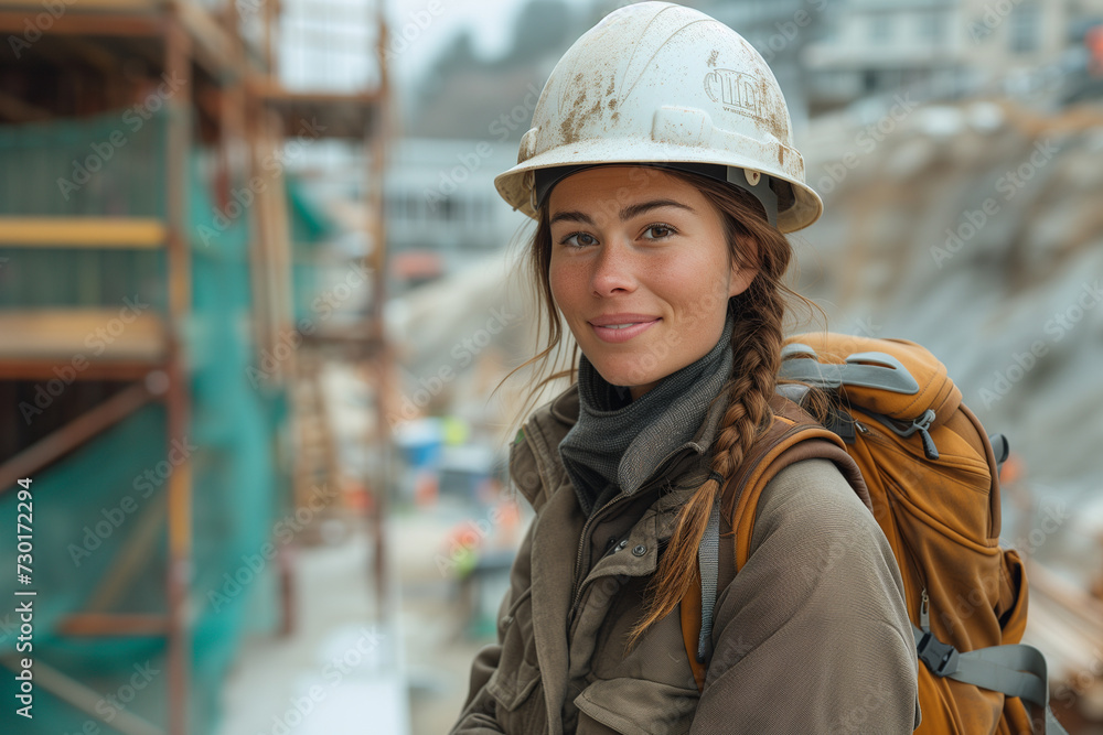 female engineer, Confident female engineer, donned in a white construction helmet, conducting inspections at the construction site. female engineer, Confident female engineer, donned in a white construction helmet, conducting inspections at the construction site.