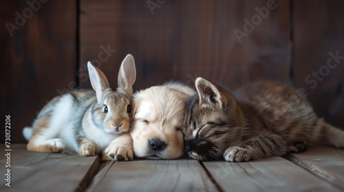 Furry Friends  A Puppy  Rabbit  and Cat Enjoying a Relaxing Moment