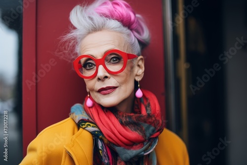 Portrait of beautiful senior woman with pink hair wearing red heart shaped glasses.