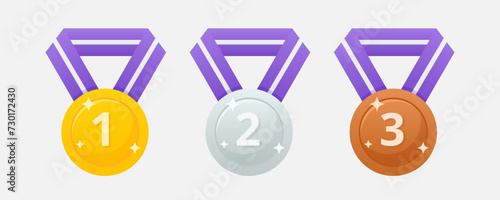Gold, silver, bronze medals with ribbon set vector illustration. First, second, third award places. Winners rewards. Champions prizes