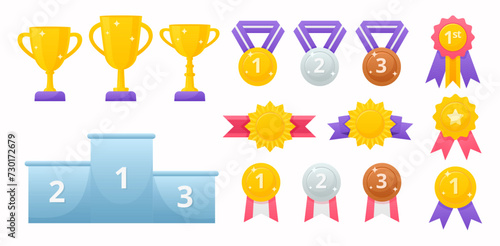 Medals, badges, cups vector icon set. Podium for winner. Prize golden, silver, bronze place
