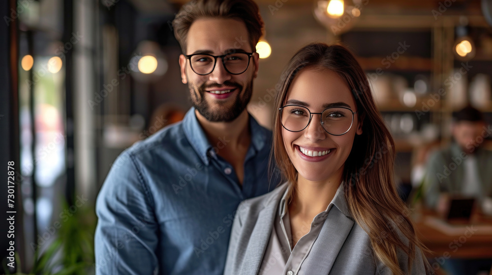 Handsome Businessman and Lady in Smart Casual Wear Looking at Camera and Smiling. Background Business People Discussing affairs. Handsome Businessman and Lady in Smart Casual Wear Looking at Camera and Smiling. Background Business People Discussing affairs.